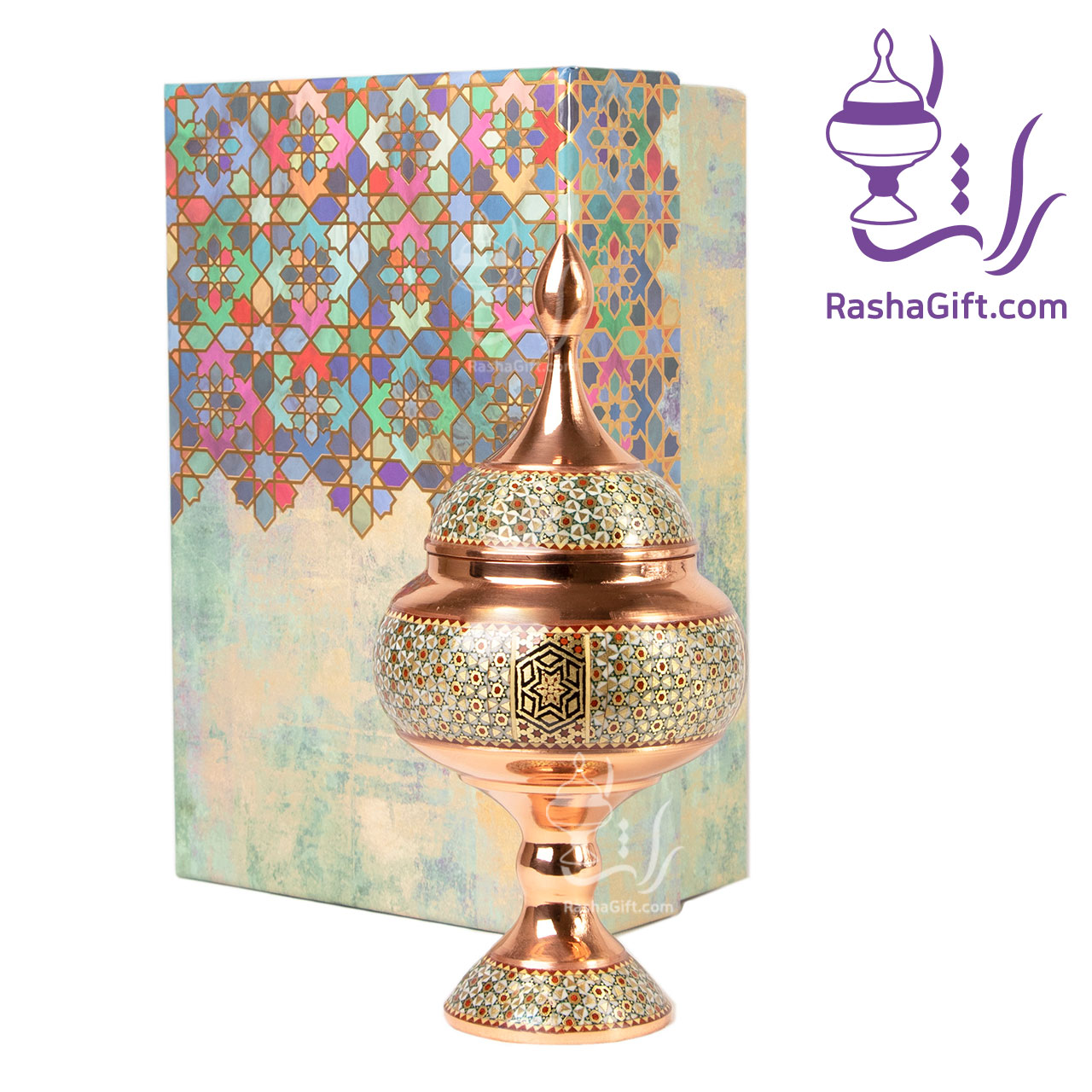 R125 شکلات خوری مس و خاتم با جعبه هاردباکس