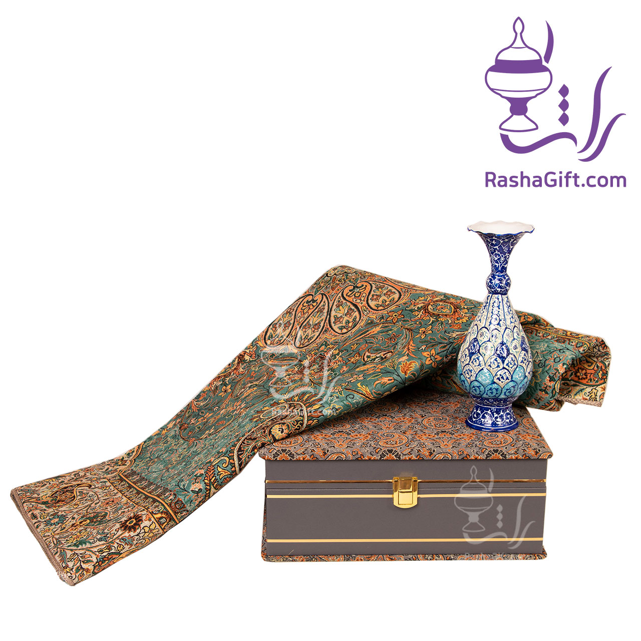 R133 ست گلدان میناکاری و ترمه افشاری با جعبه ترمه