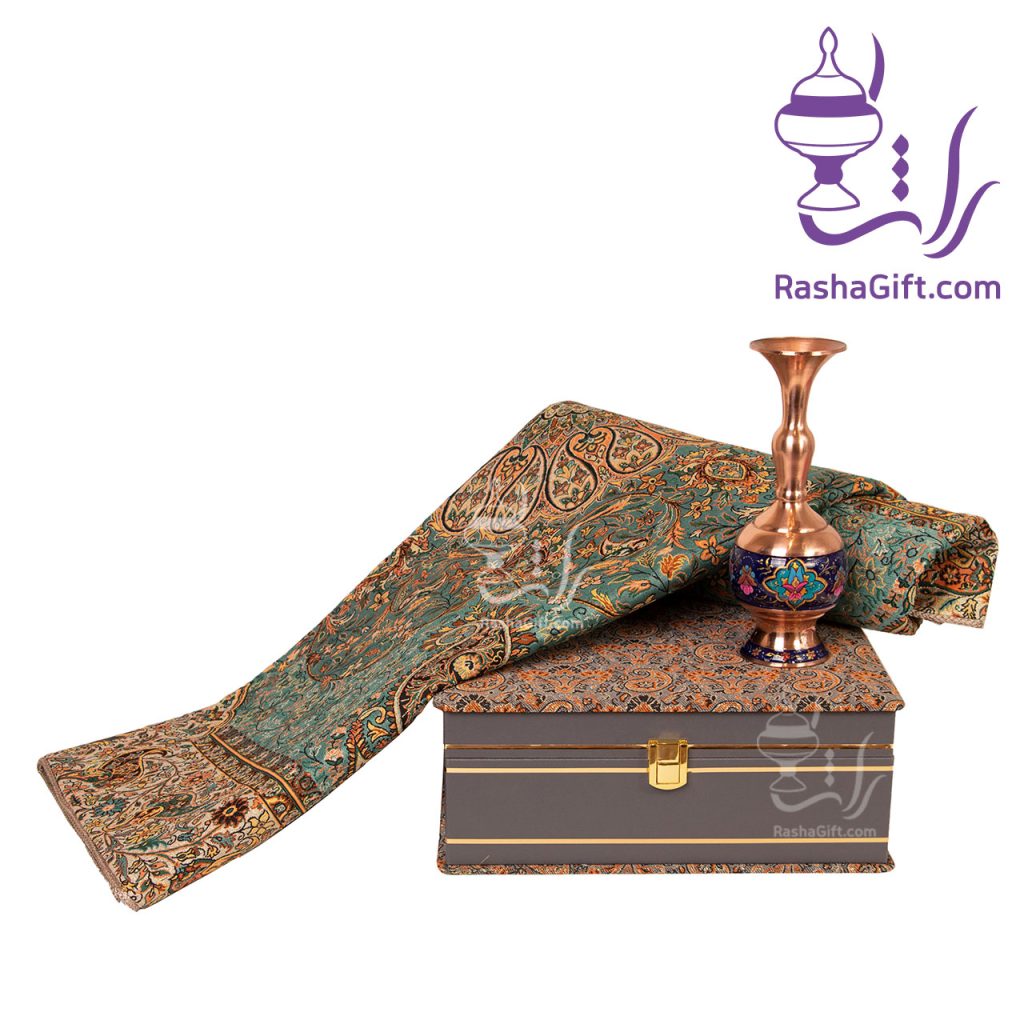 ست گلدان مس و پرداز و ترمه افشاری با جعبه ترمه