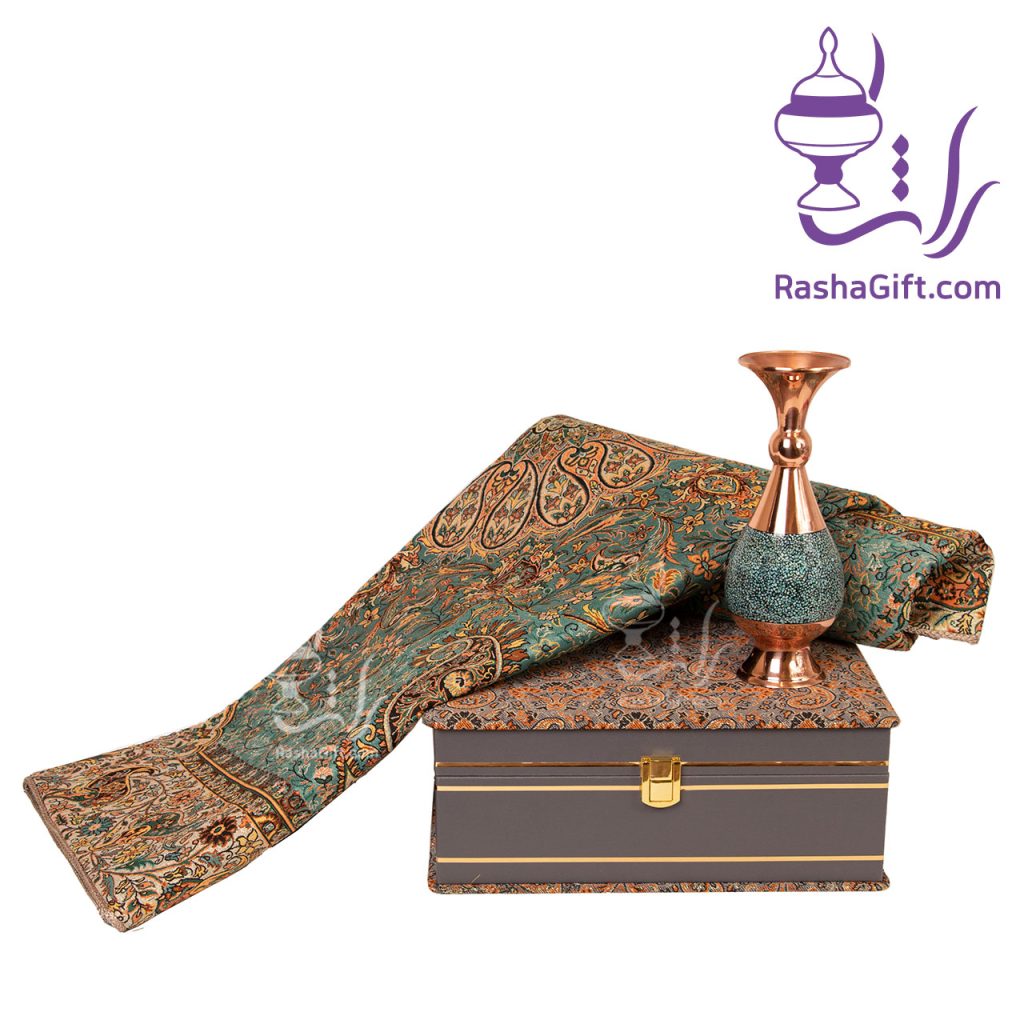 ست گلدان مس و فیروزه و ترمه افشاری با جعبه ترمه
