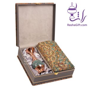 ست گلدان مس و فیروزه و ترمه افشاری با جعبه ترمه