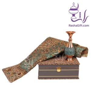 ست گلدان مس و فیروزه و ترمه افشاری با جعبه ترمه