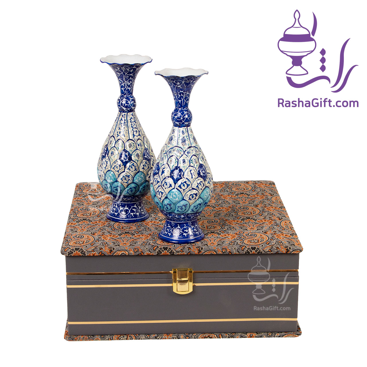 R147 ست جفت گلدان میناکاری با جعبه ترمه