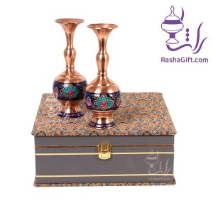 ست جفت گلدان مس و پرداز با جعبه ترمه