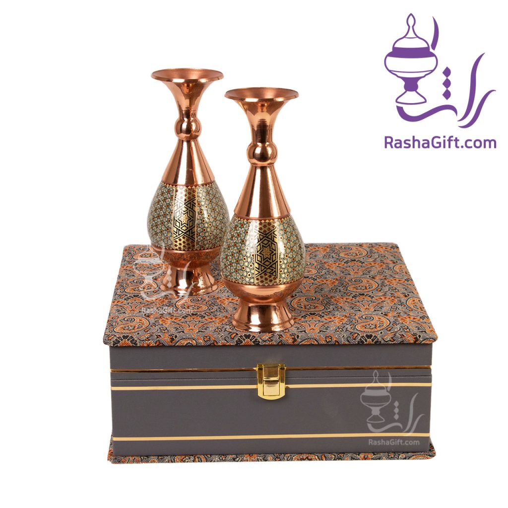 ست جفت گلدان مس و خاتم با جعبه ترمه