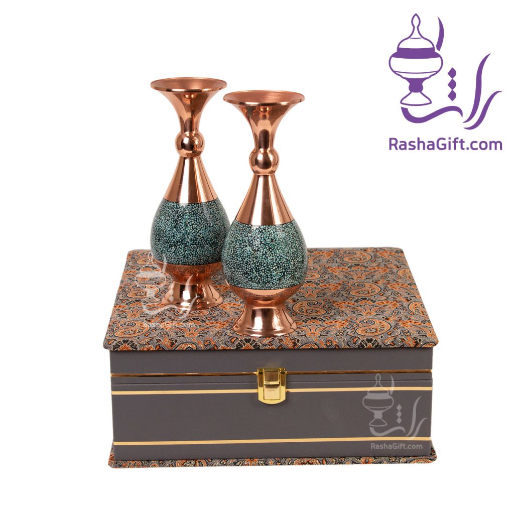 ست جفت گلدان مس و فیروزه با جعبه ترمه