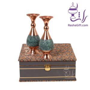 ست جفت گلدان مس و فیروزه با جعبه ترمه