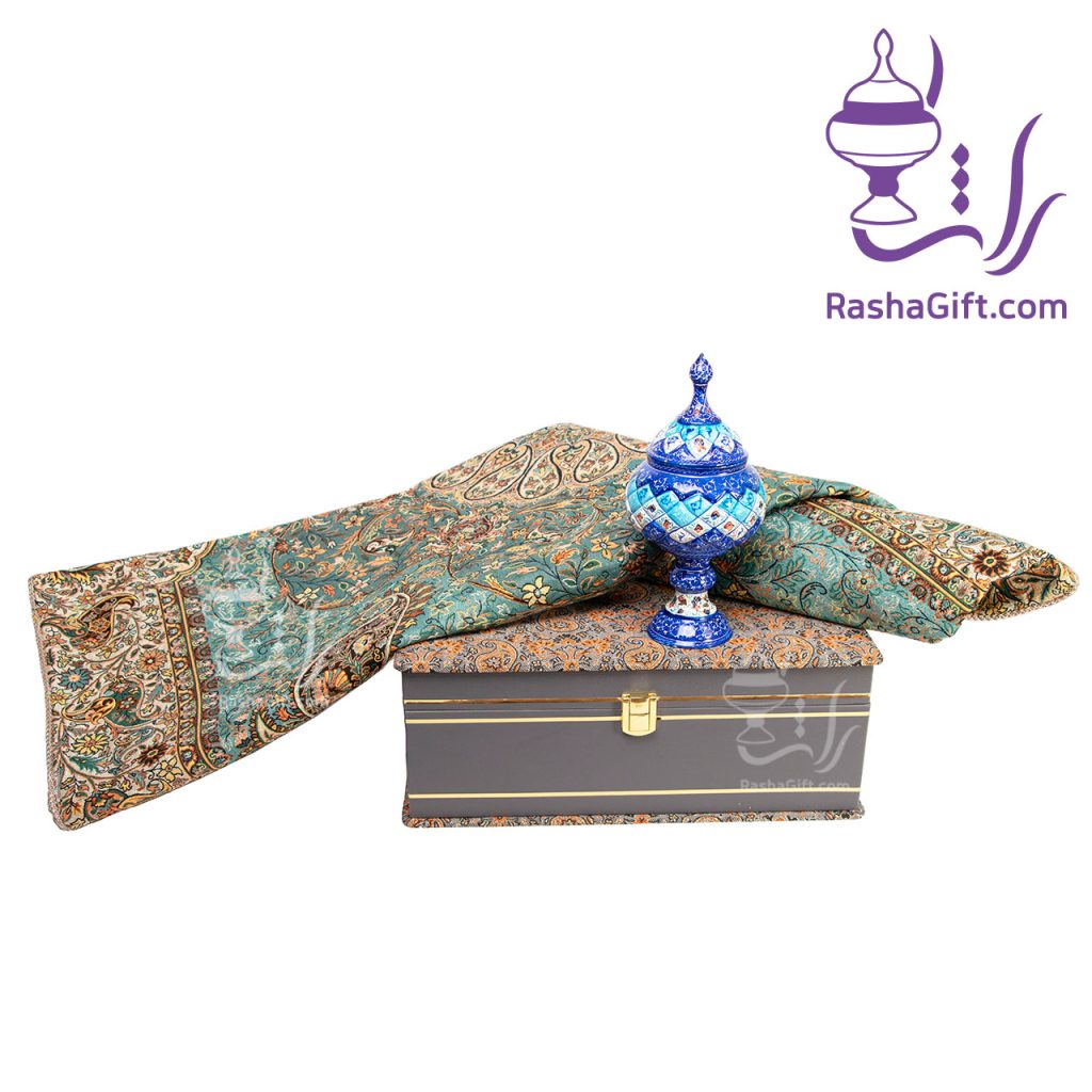ست شکلات خوری میناکاری و ترمه افشاری با جعبه ترمه