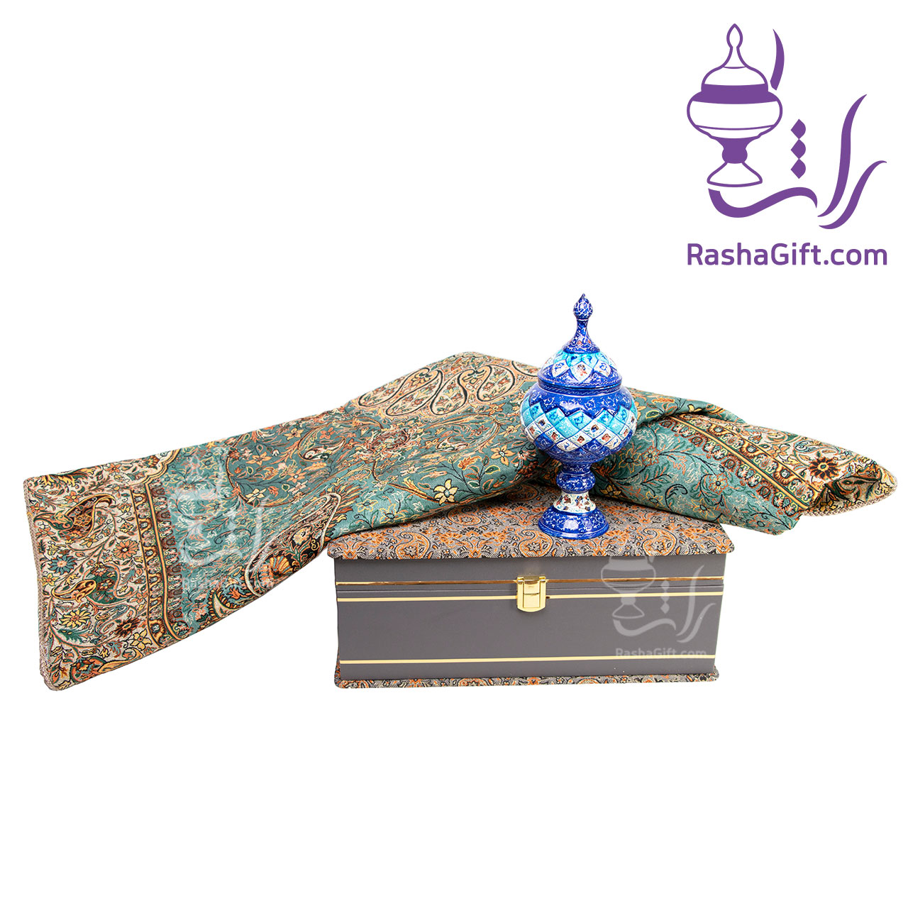 R153 ست شکلات خوری میناکاری و ترمه افشاری با جعبه ترمه
