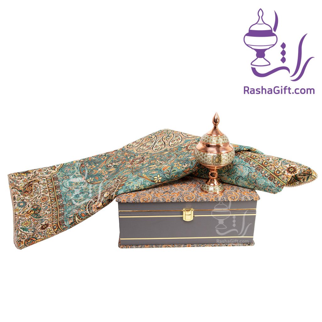 ست شکلات خوری مس و خاتم و ترمه افشاری با جعبه ترمه