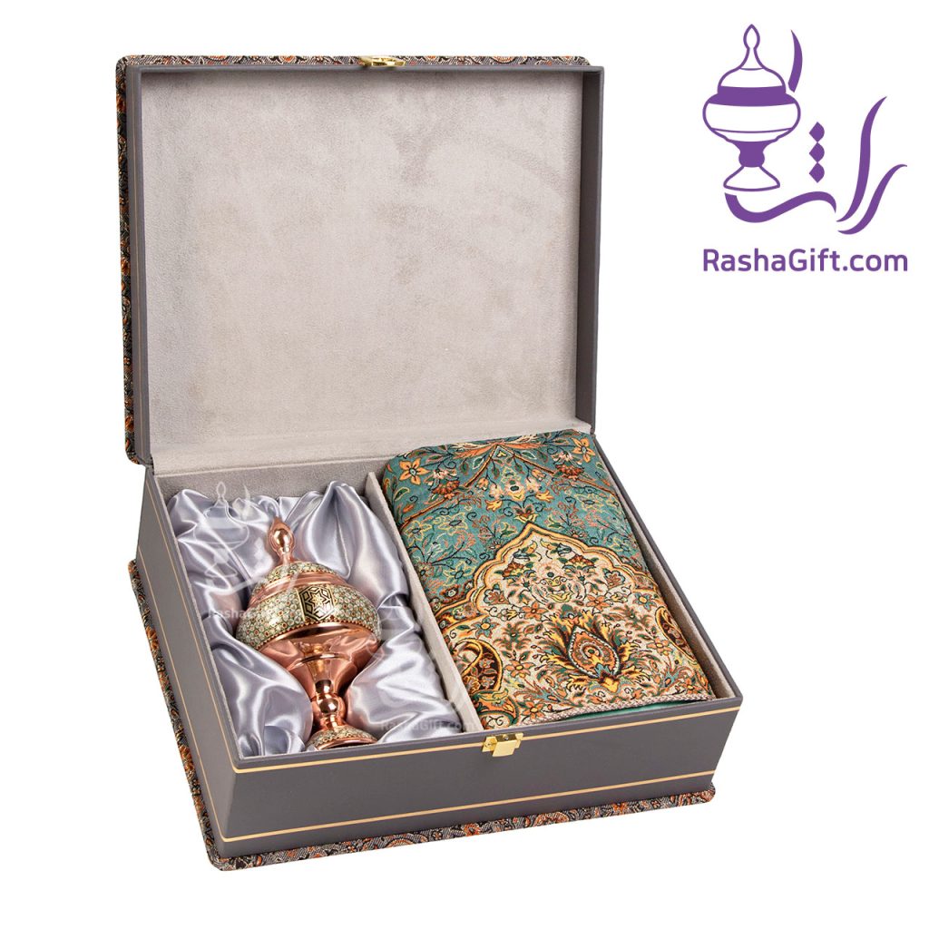 ست شکلات خوری مس و خاتم و ترمه افشاری با جعبه ترمه