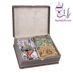 ست شکلات خوری مس و فیروزه و ترمه افشاری با جعبه ترمه