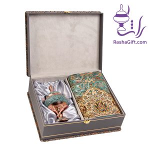 ست شکلات خوری مس و فیروزه و ترمه افشاری با جعبه ترمه