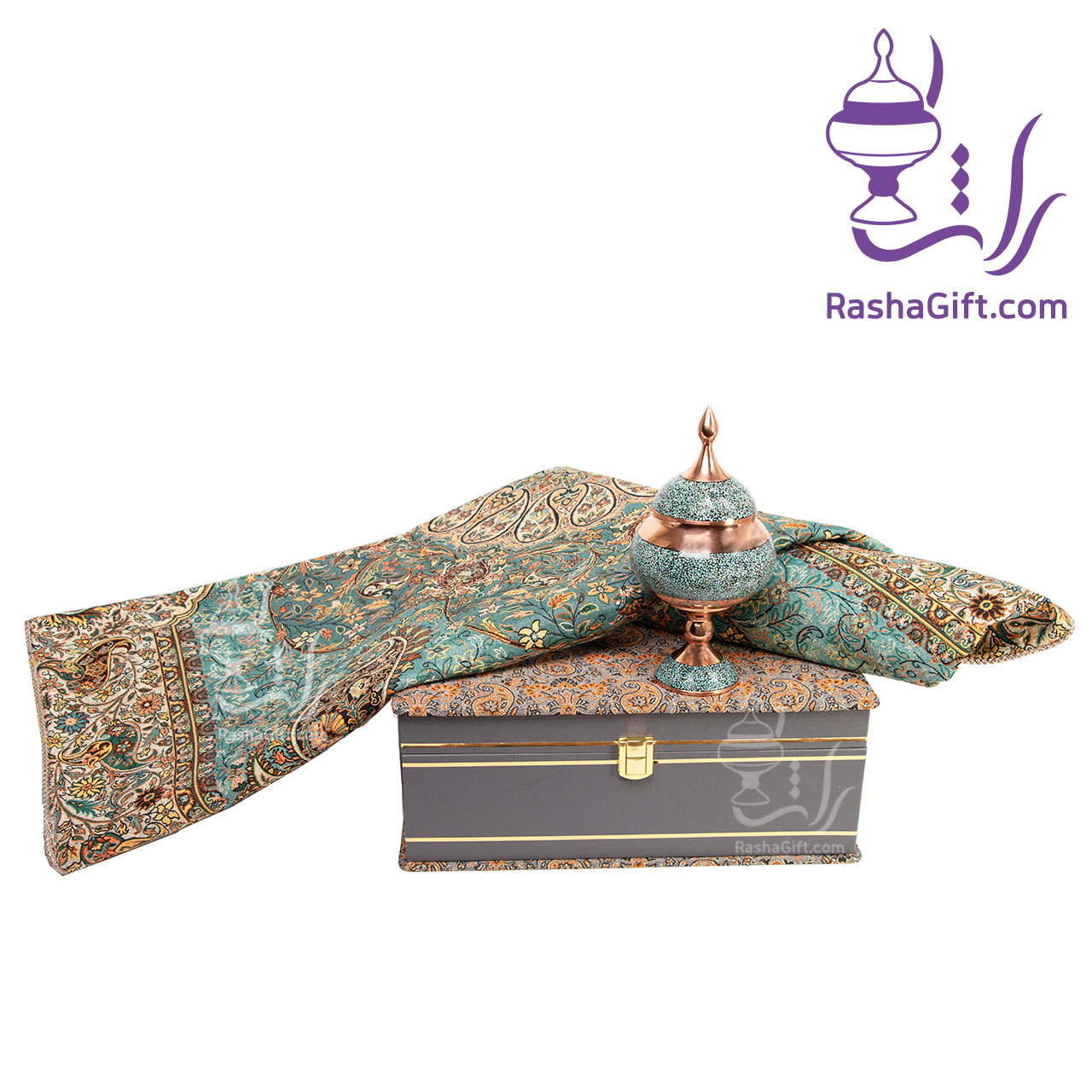 R165 ست شکلات خوری مس و فیروزه و ترمه افشاری با جعبه ترمه