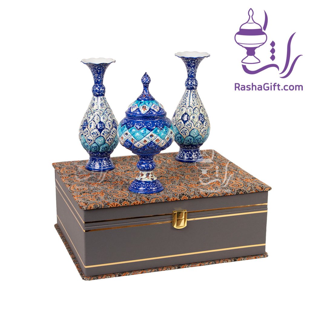 ست جفت گلدان و شکلات خوری میناکاری با جعبه ترمه