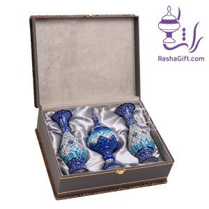 ست جفت گلدان و شکلات خوری میناکاری با جعبه ترمه
