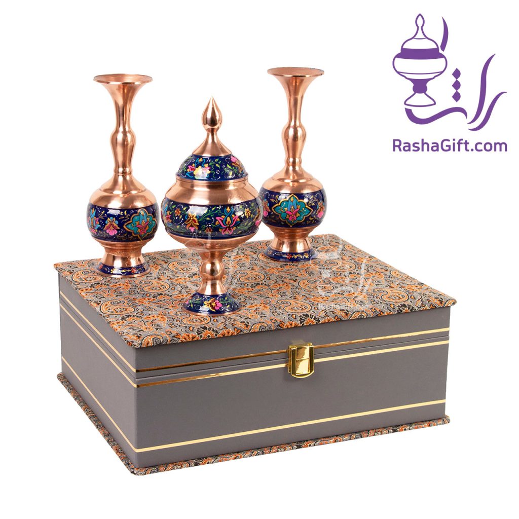 ست جفت گلدان و شکلات خوری مس و پرداز با جعبه ترمه