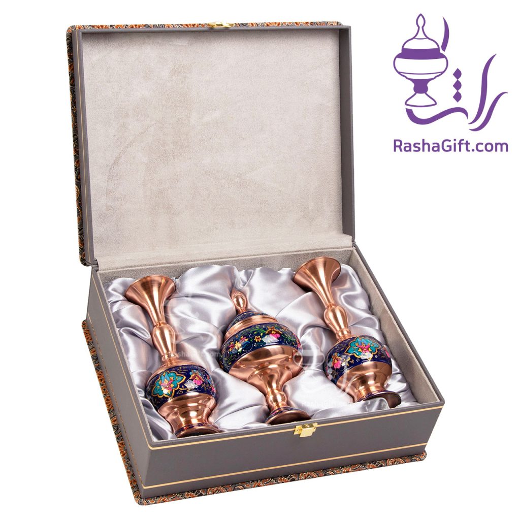 ست جفت گلدان و شکلات خوری مس و پرداز با جعبه ترمه