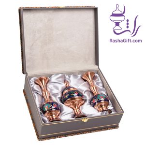 ست جفت گلدان و شکلات خوری مس و پرداز با جعبه ترمه