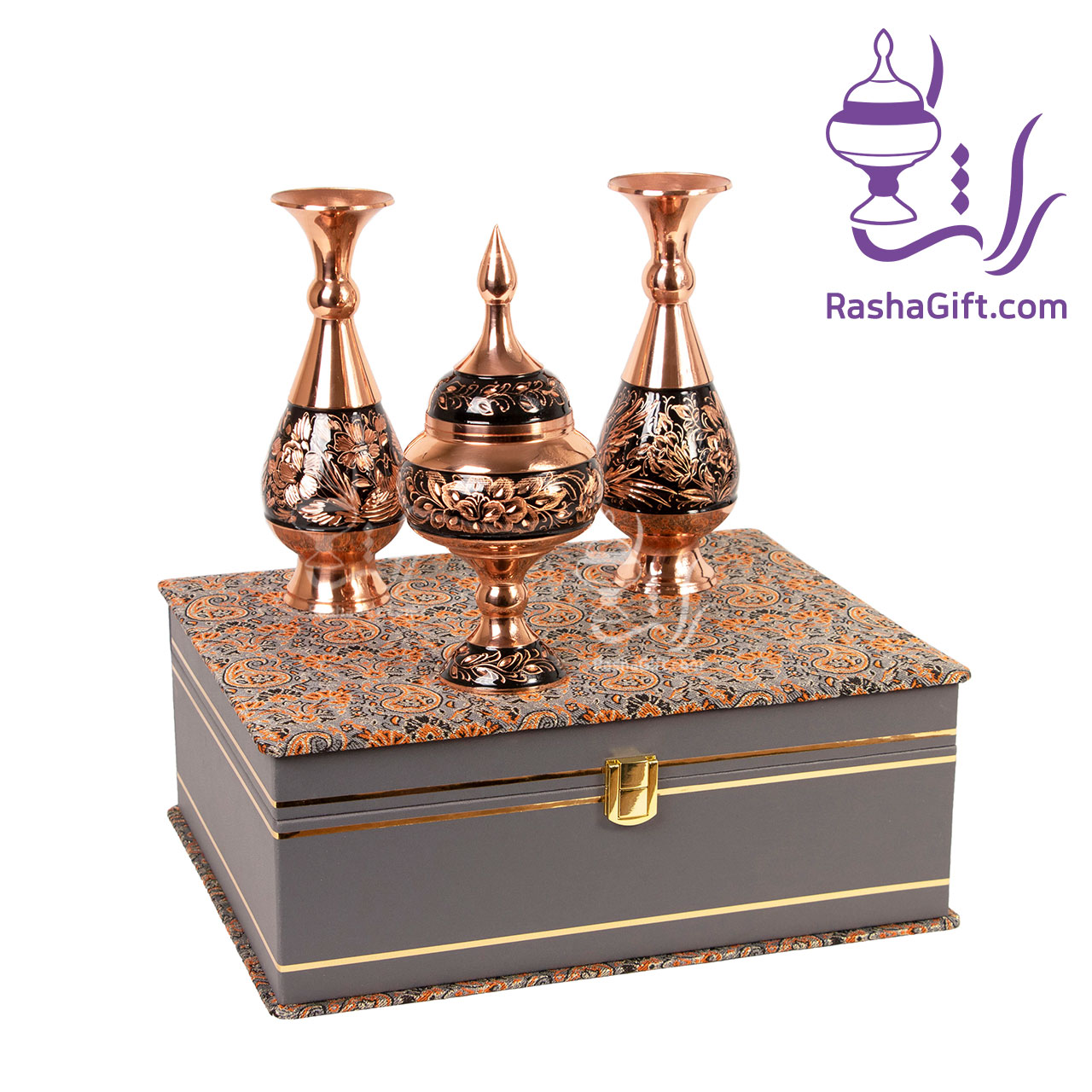 R169 ست جفت گلدان و شکلات خوری حکاکی الماس تراش با جعبه ترمه