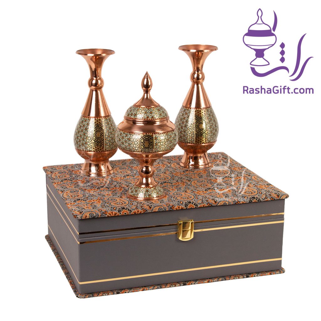 ست جفت گلدان و شکلات خوری مس و خاتم با جعبه ترمه