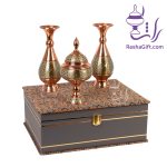 ست جفت گلدان و شکلات خوری مس و خاتم با جعبه ترمه