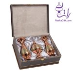 ست جفت گلدان و شکلات خوری مس و خاتم با جعبه ترمه