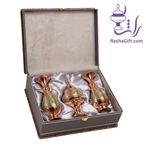 ست جفت گلدان و شکلات خوری مس و خاتم با جعبه ترمه