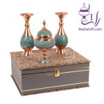 ست جفت گلدان و شکلات خوری مس و فیروزه با جعبه ترمه