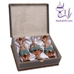 ست جفت گلدان و شکلات خوری مس و فیروزه با جعبه ترمه