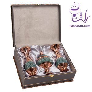 ست جفت گلدان و شکلات خوری مس و فیروزه با جعبه ترمه