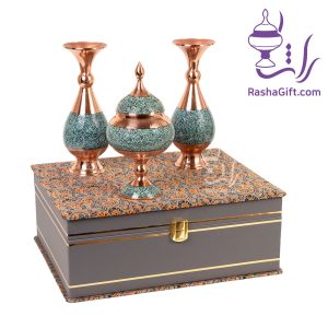 ست جفت گلدان و شکلات خوری مس و فیروزه با جعبه ترمه