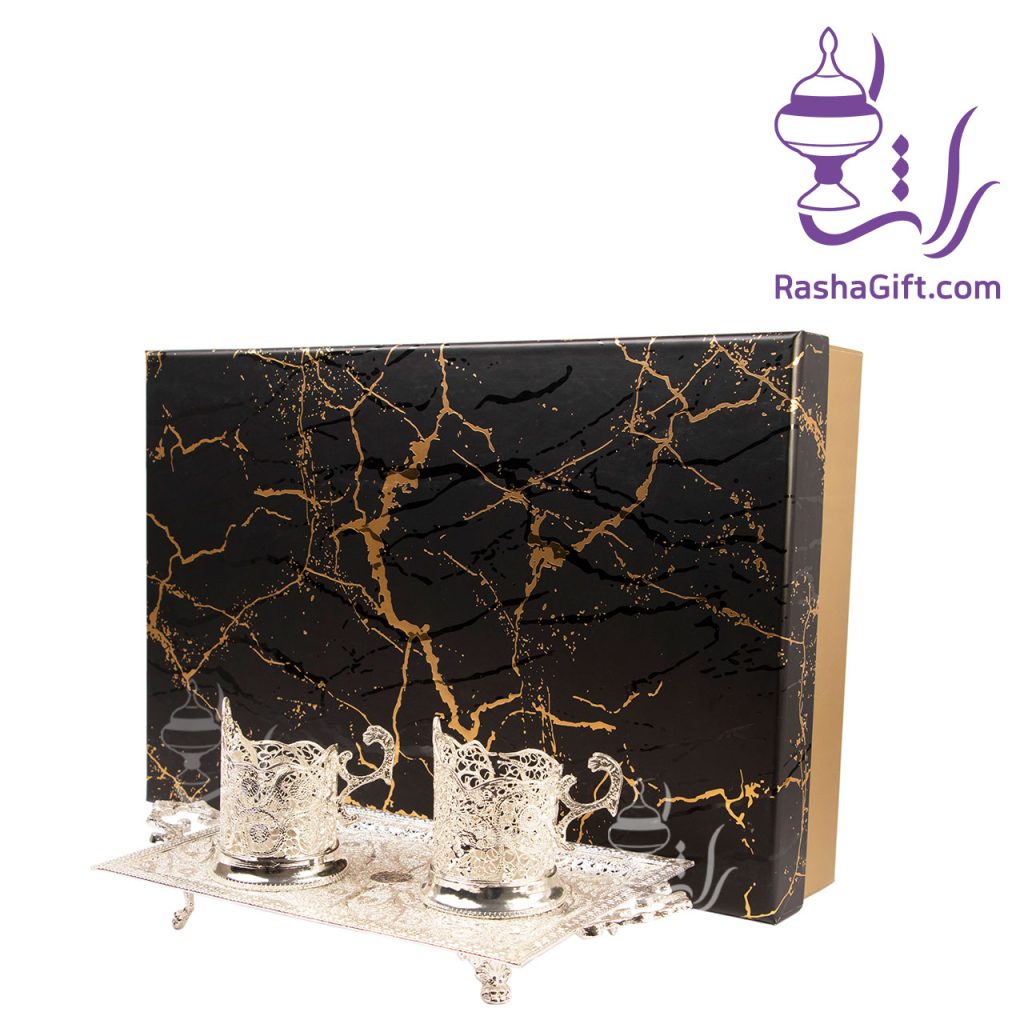 ست چایخوری دو نفره ملیله کاری در جعبه هاردباکس طرح سنگ
