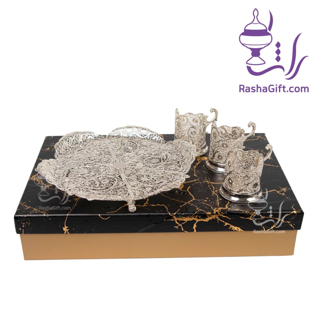 ست چایخوری سه نفره ملیله کاری در جعبه هاردباکس طرح سنگ