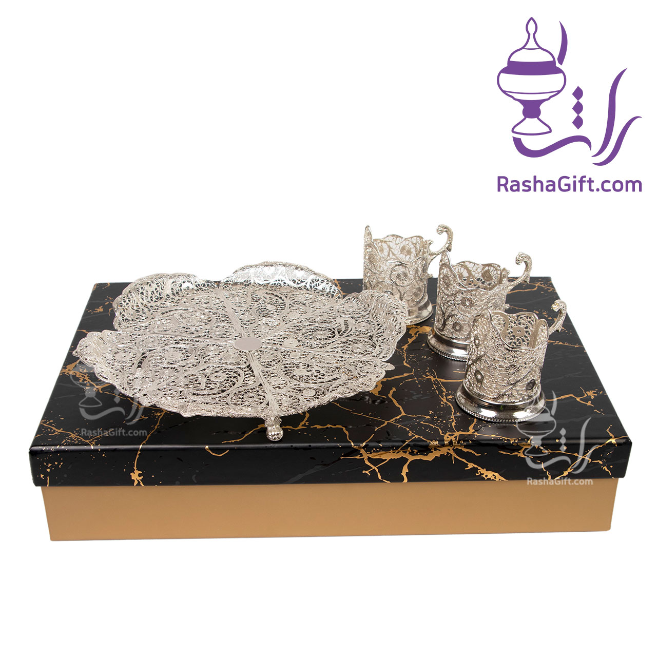 R304-2 ست چایخوری سه نفره ملیله کاری در جعبه هاردباکس طرح سنگ