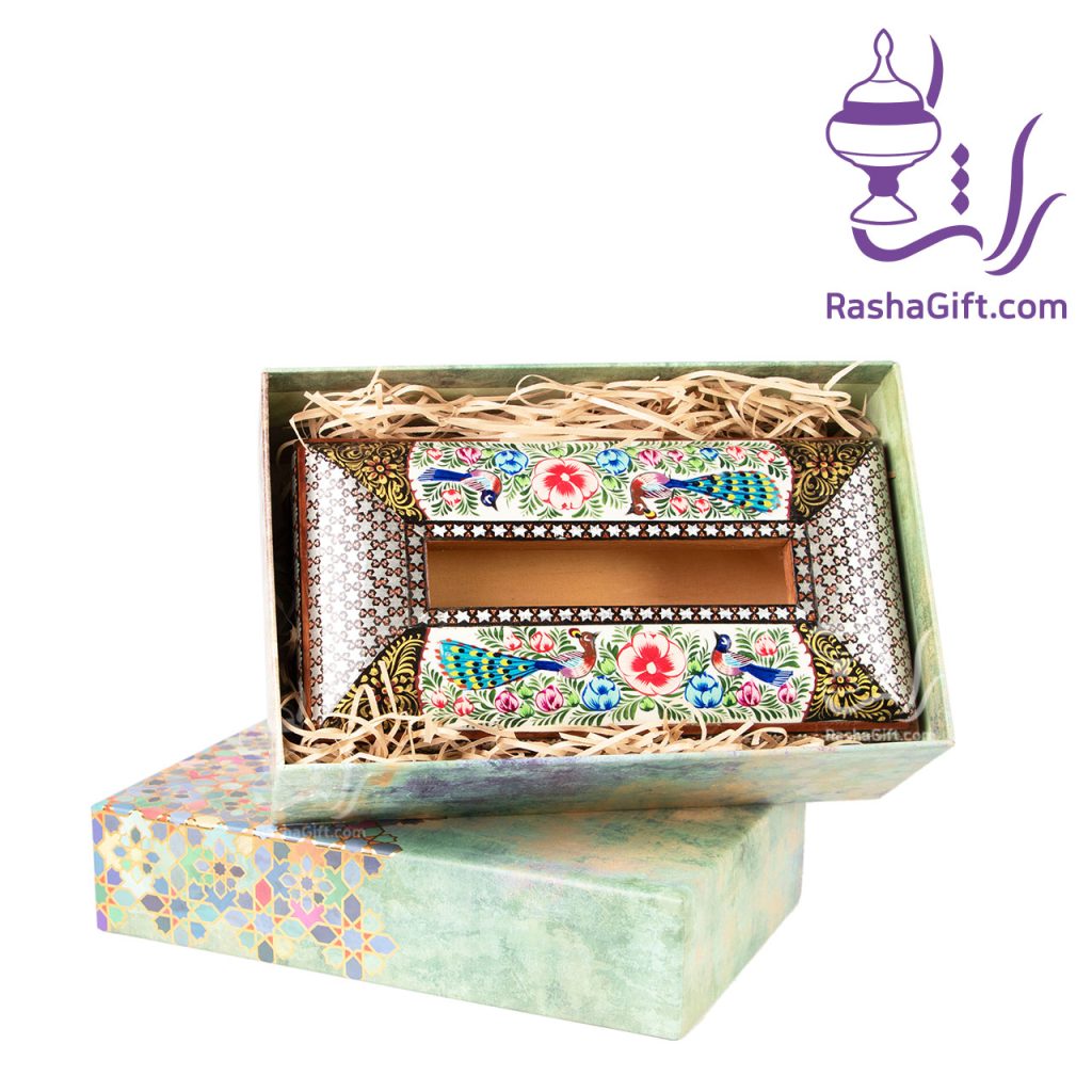 جا دستمالی خاتم نقره ای و نقاشی اعلا در جعبه هاردباکس