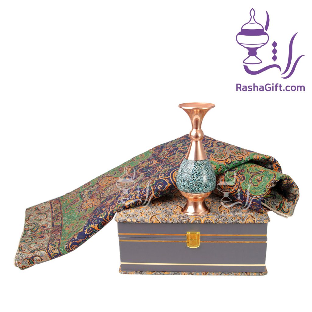 ست گلدان مس و فیروزه و ترمه هزار نقش با جعبه ترمه