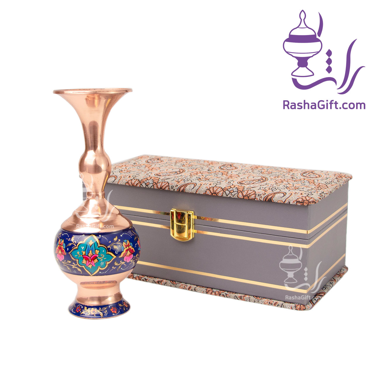 R1041 گلدان فانتزی مس و پرداز با جعبه ترمه