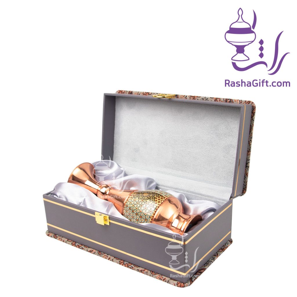 گلدان صراحی مس و خاتم با جعبه ترمه