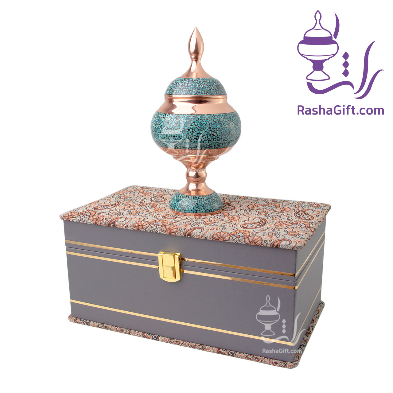 R1281 شکلات خوری مس و فیروزه با جعبه ترمه