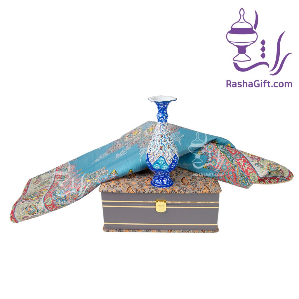 ست گلدان میناکاری و ترمه ابریشم 7 رنگ با جعبه ترمه