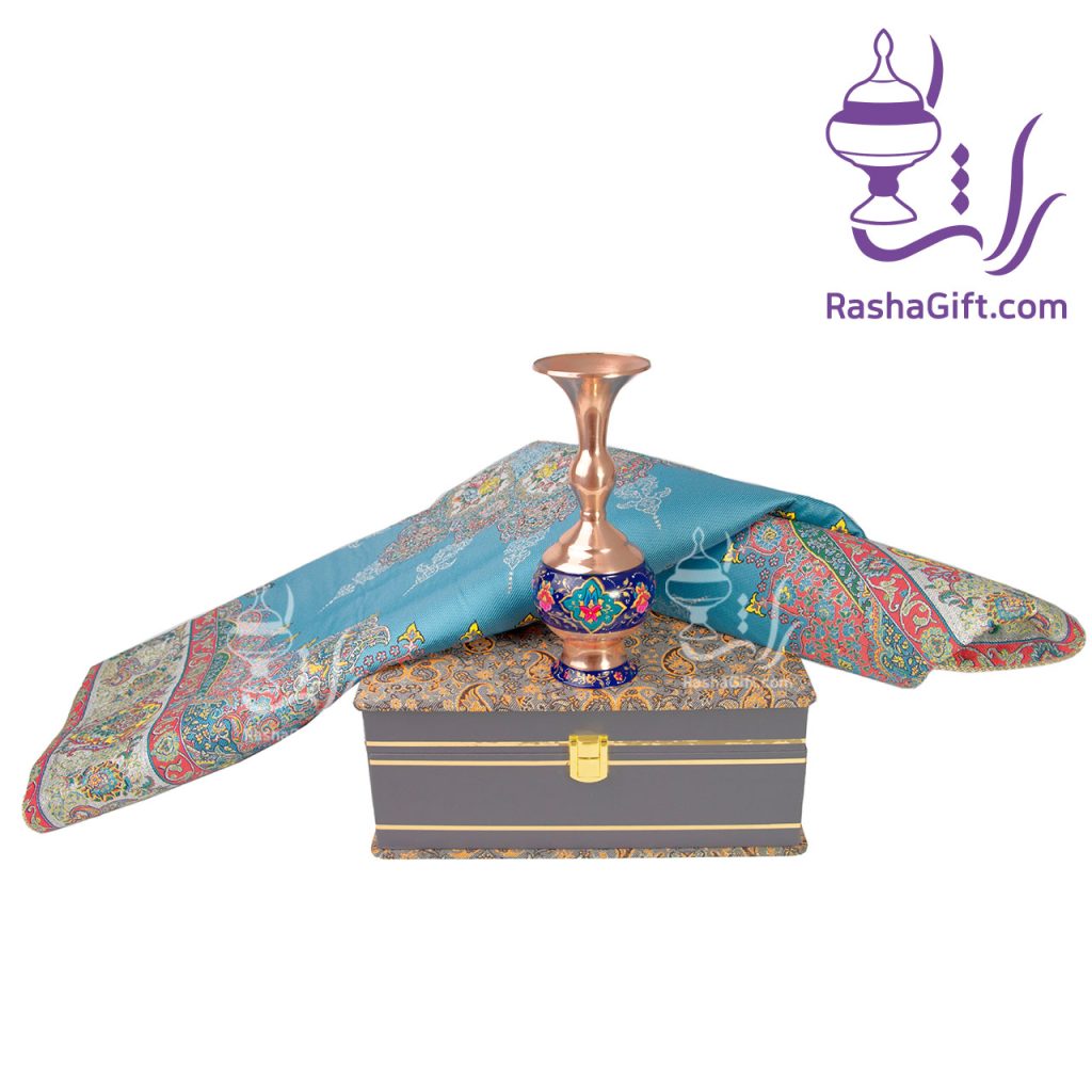 ست گلدان مس و پرداز و ترمه ابریشم 7 رنگ با جعبه ترمه