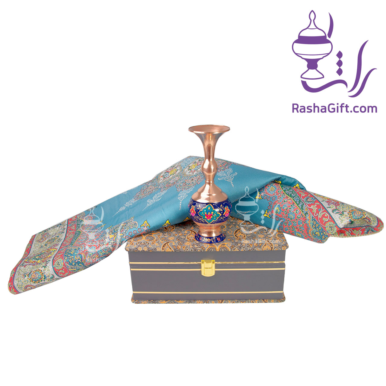 R137 ست گلدان مس و پرداز و ترمه ابریشم 7 رنگ با جعبه ترمه