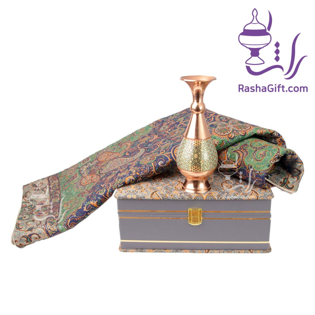 ست گلدان مس و خاتم و ترمه هزار نقش با جعبه ترمه