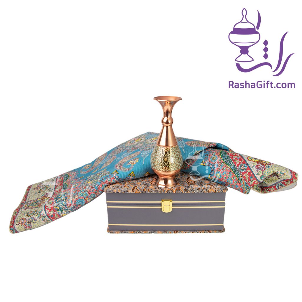 ست گلدان مس و خاتم و ترمه ابریشم 7 رنگ با جعبه ترمه