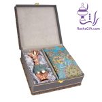 ست گلدان مس و فیروزه و ترمه ابریشم 7 رنگ با جعبه ترمه