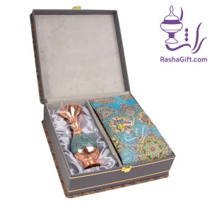 ست گلدان مس و فیروزه و ترمه ابریشم 7 رنگ با جعبه ترمه