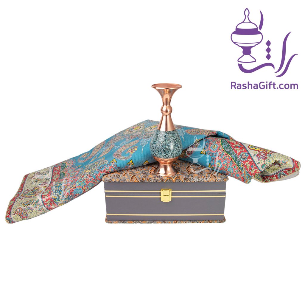 ست گلدان مس و فیروزه و ترمه ابریشم 7 رنگ با جعبه ترمه