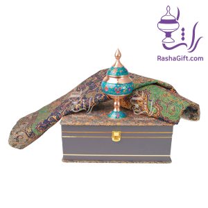 ست شکلات خوری مس و پرداز و ترمه هزار نقش با جعبه ترمه