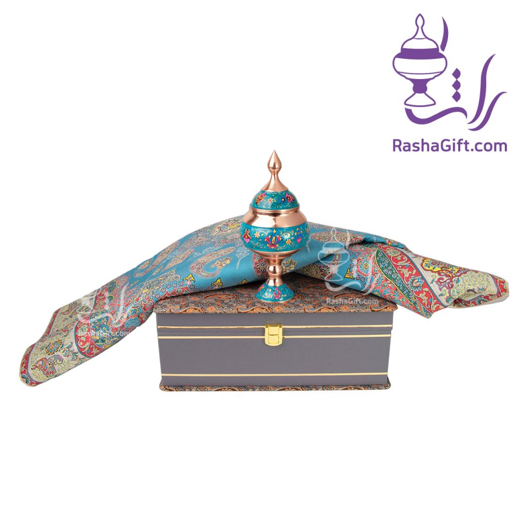 ست شکلات خوری مس و پرداز و ترمه ابریشم 7 رنگ با جعبه ترمه